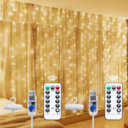 Brightown 300 LED Fairy Curtain Lights - 9.8ft x 9.8ft String Lights with Remote | USB Plug, 8 Lighting Modes, Warm White - 2 Pack