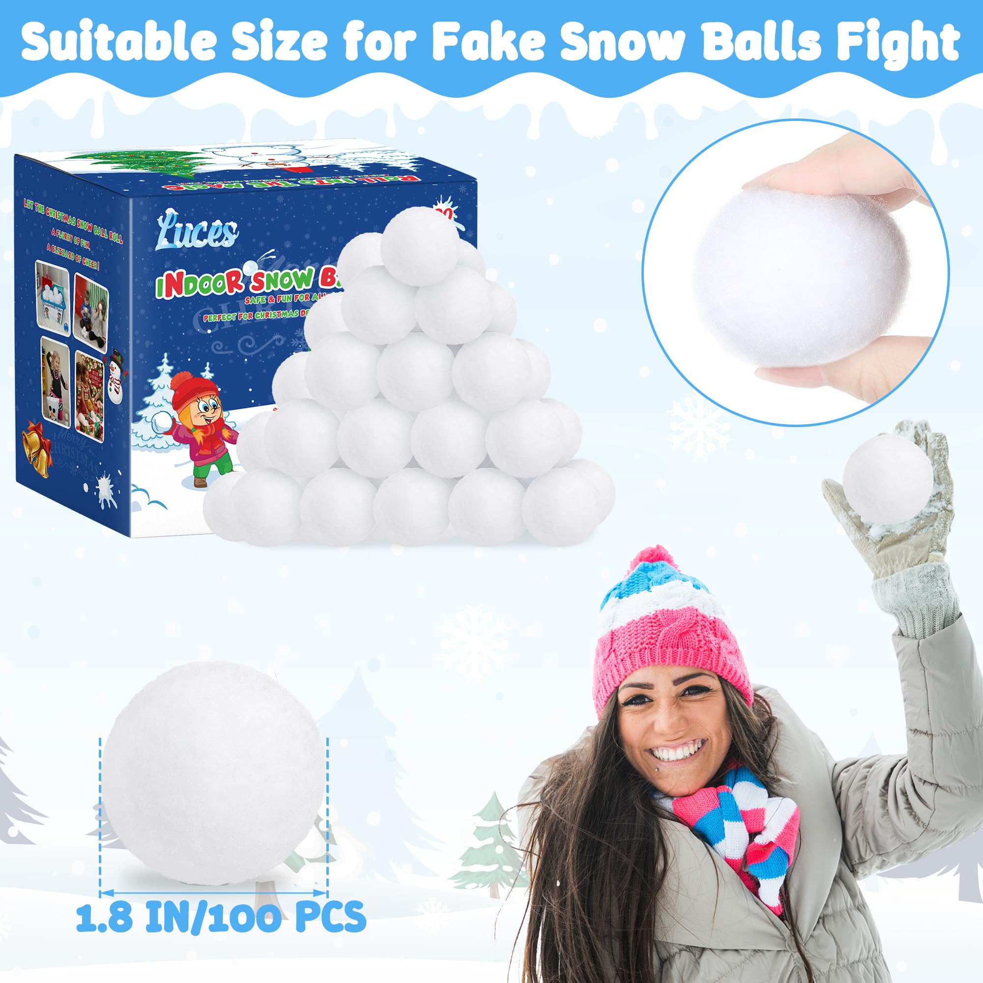 Luces 100 PCS Fake Snow Balls, Plush Indoor Snow Ball Fight Set, Soft Winter Game Balls for Outdoor Indoor, Christmas Tree Decorations DIY Accessories Parent-Child Interaction
