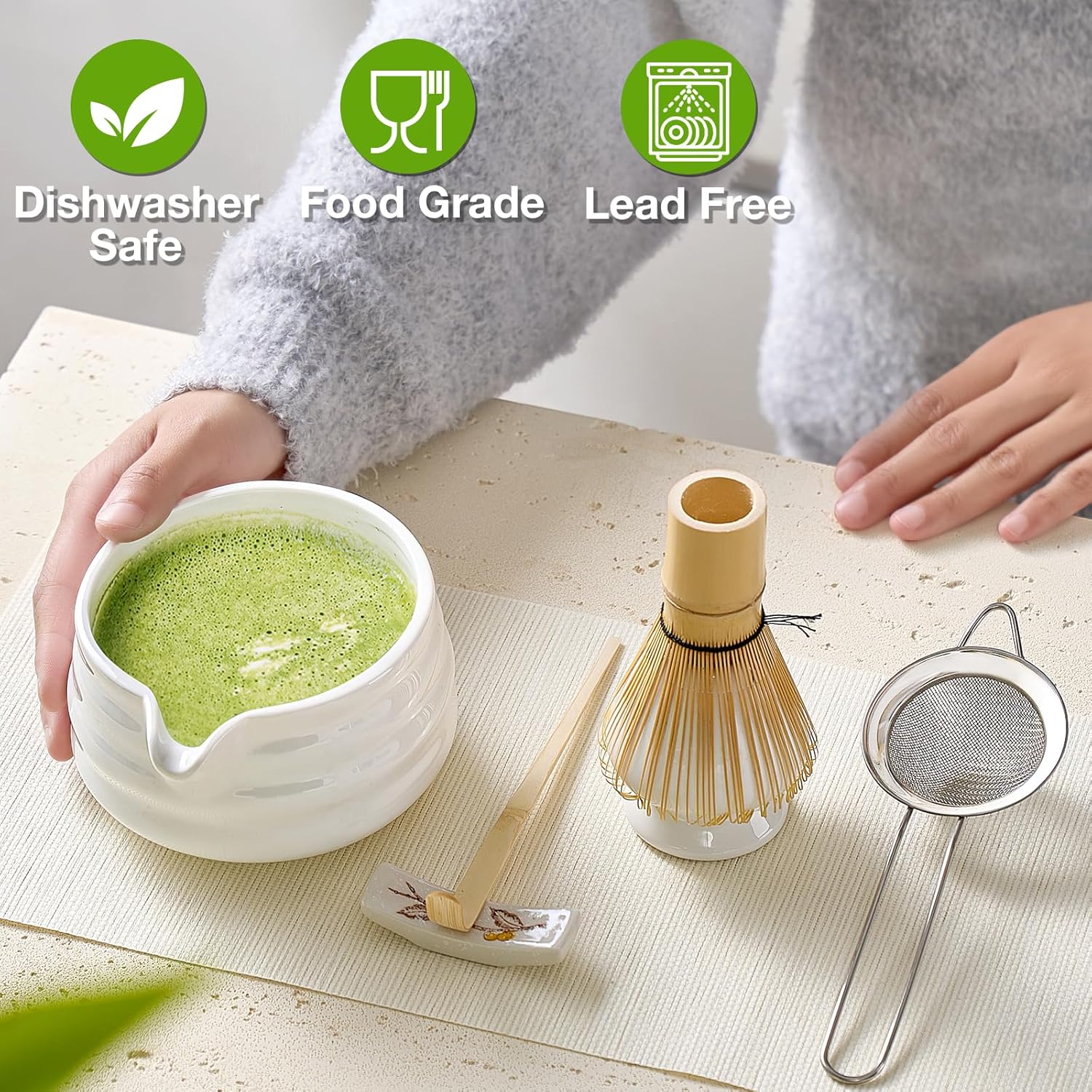 Skiennix Matcha Whisk Set - 5-Piece Japanese Tea Kit with Bowl, Bamboo Whisk & Sifter