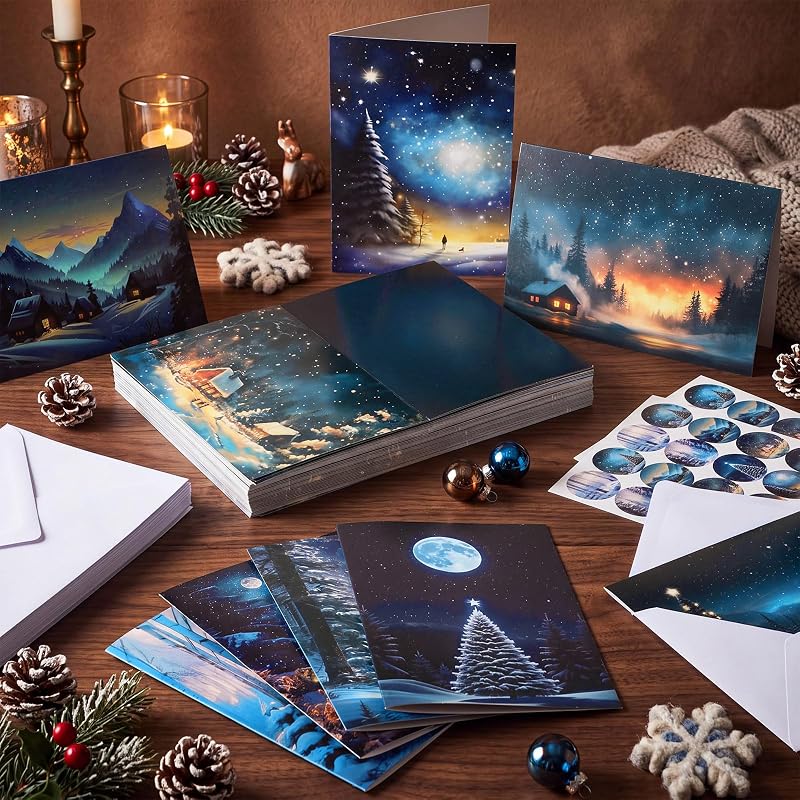 100 Sets Christmas Cards with Envelopes, Stickers, Winter Forest