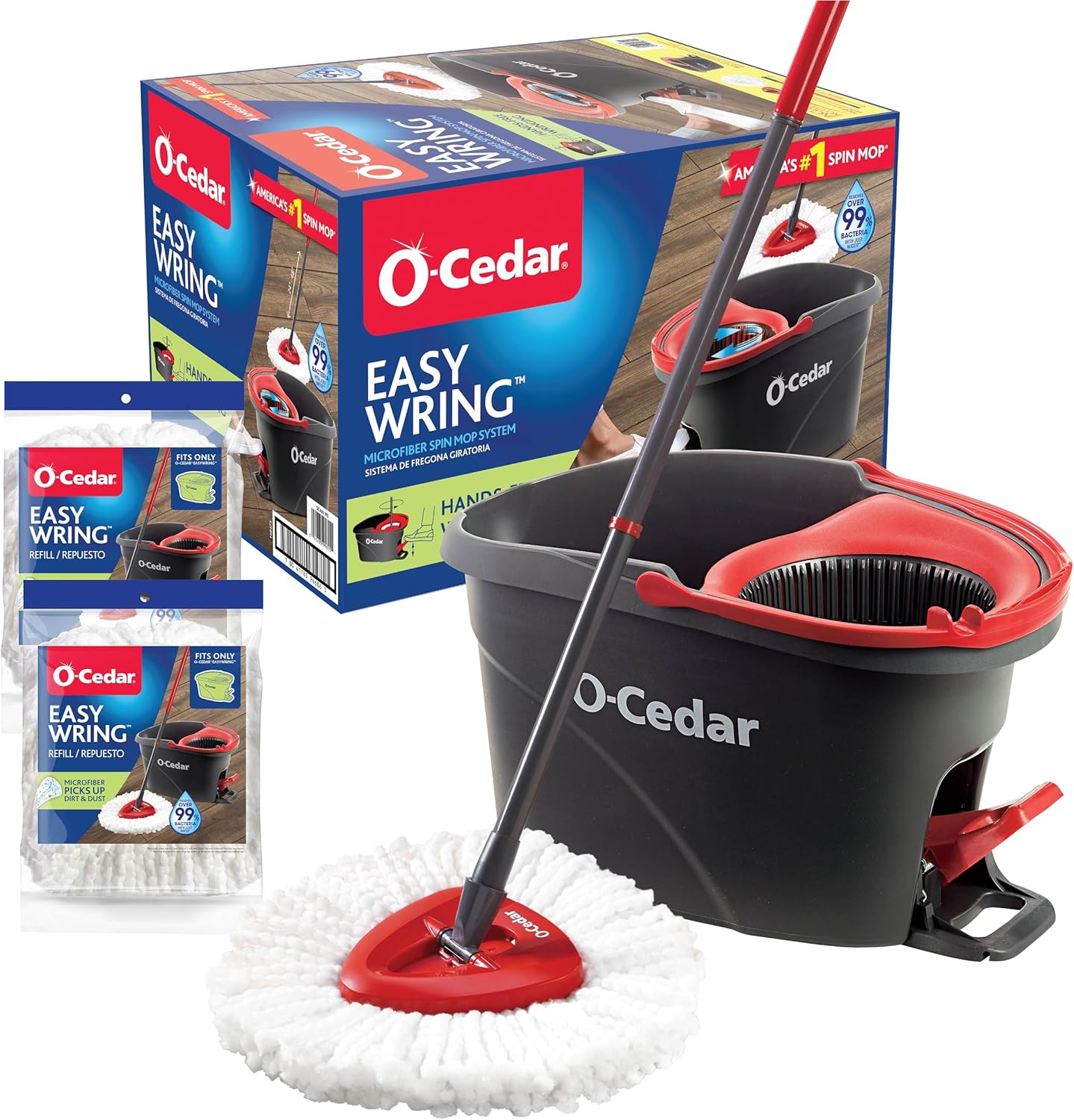 O-Cedar EasyWring Microfiber Spin Mop System - Includes 2 Extra Refills | Red/Gray Color
