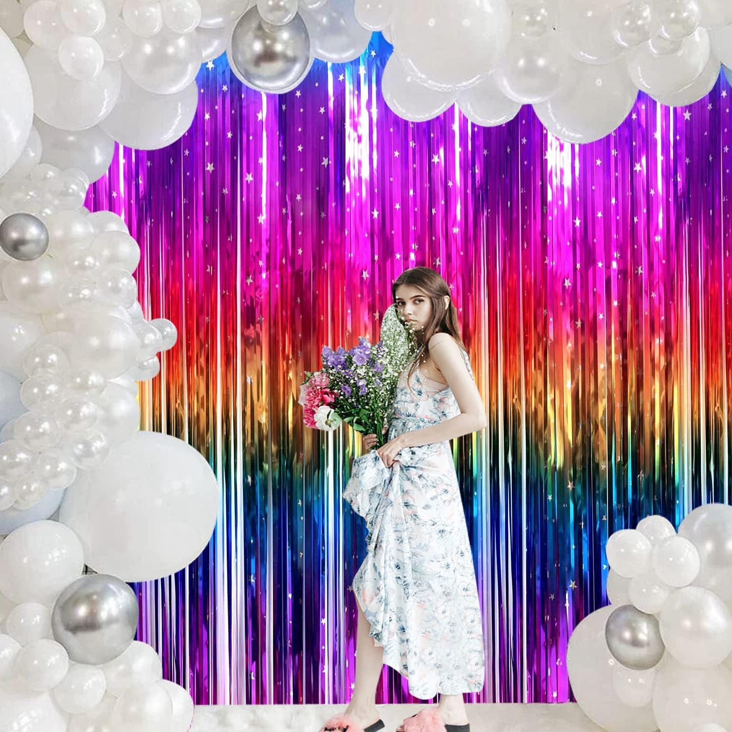 Rainbow Tinsel Foil Fringe Curtains - 2 Pack Metallic Streamers for Party Decorations | 3.3x6.6ft