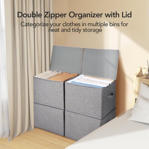 Homsorout Linen Closet Organizers - Large Foldable Storage Bins with Lids | 3-Pack Dark Gray
