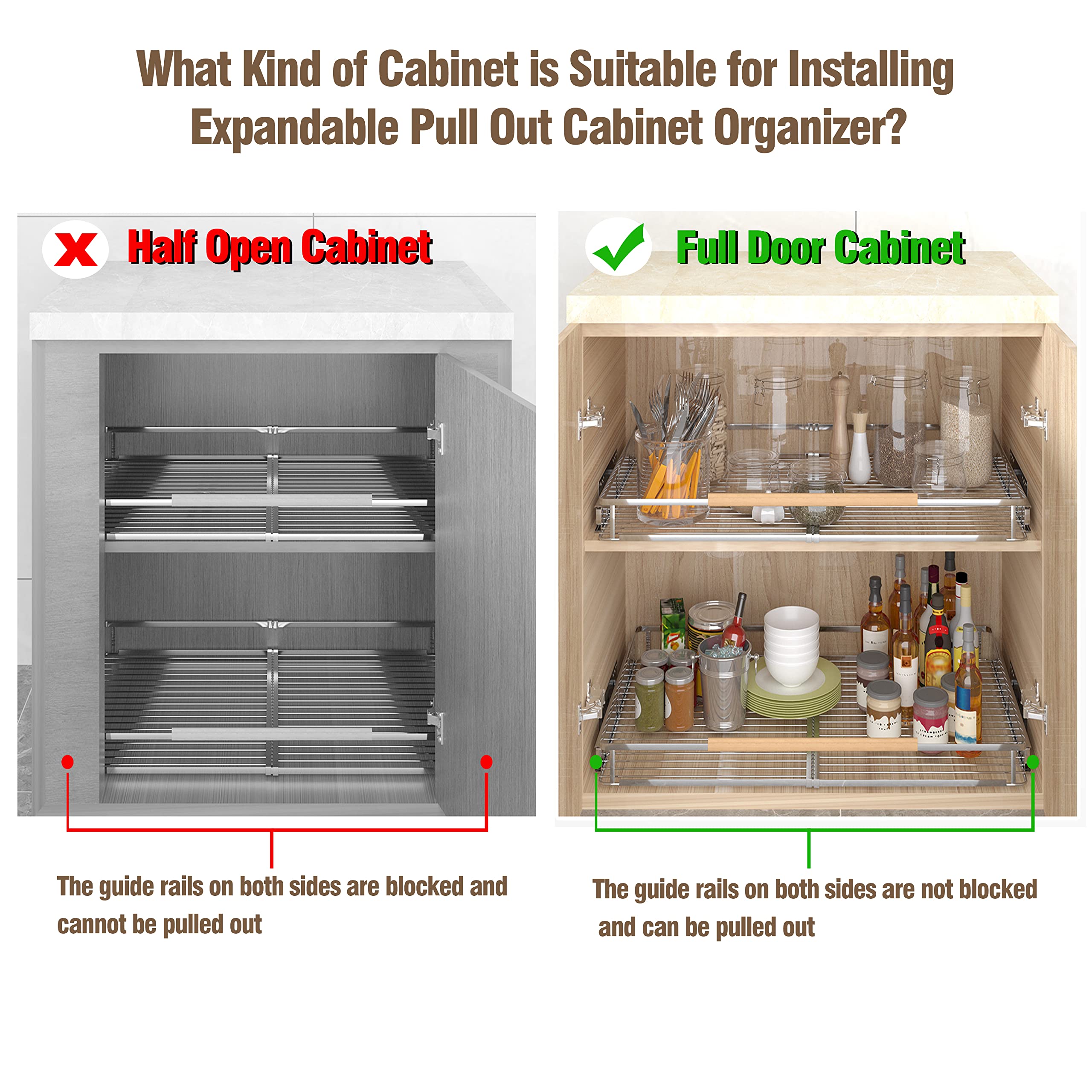 Pull Out Cabinet Organizer, 23~39.8"W x 22.5"D Expandable Pull Out Shelves for Kitchen Cabinets, Heavy Duty Metal Slide Out Pantry Shelves Sliding Shelf for Home Kitchen,Under Sink,Bathroom,Wardrobe