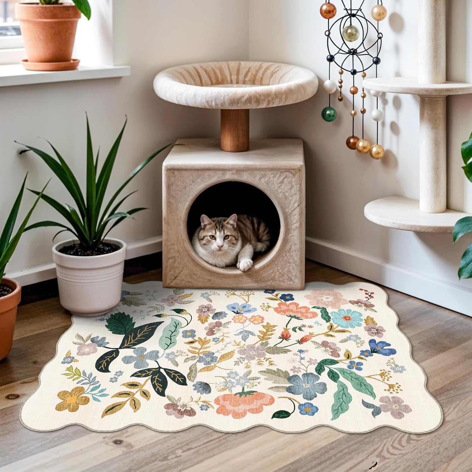 Skiennix Washable 2x3 Entryway Rug - Floral Non-Slip Water-Resistant Soft Carpet for Indoor Use (Cream)