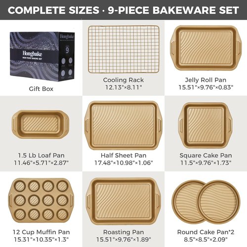 HONGBAKE 9-Piece Non-Stick Baking Pans Set - Wave Texture for Reduced Oil, 0.8mm Thick Bakeware, Gold