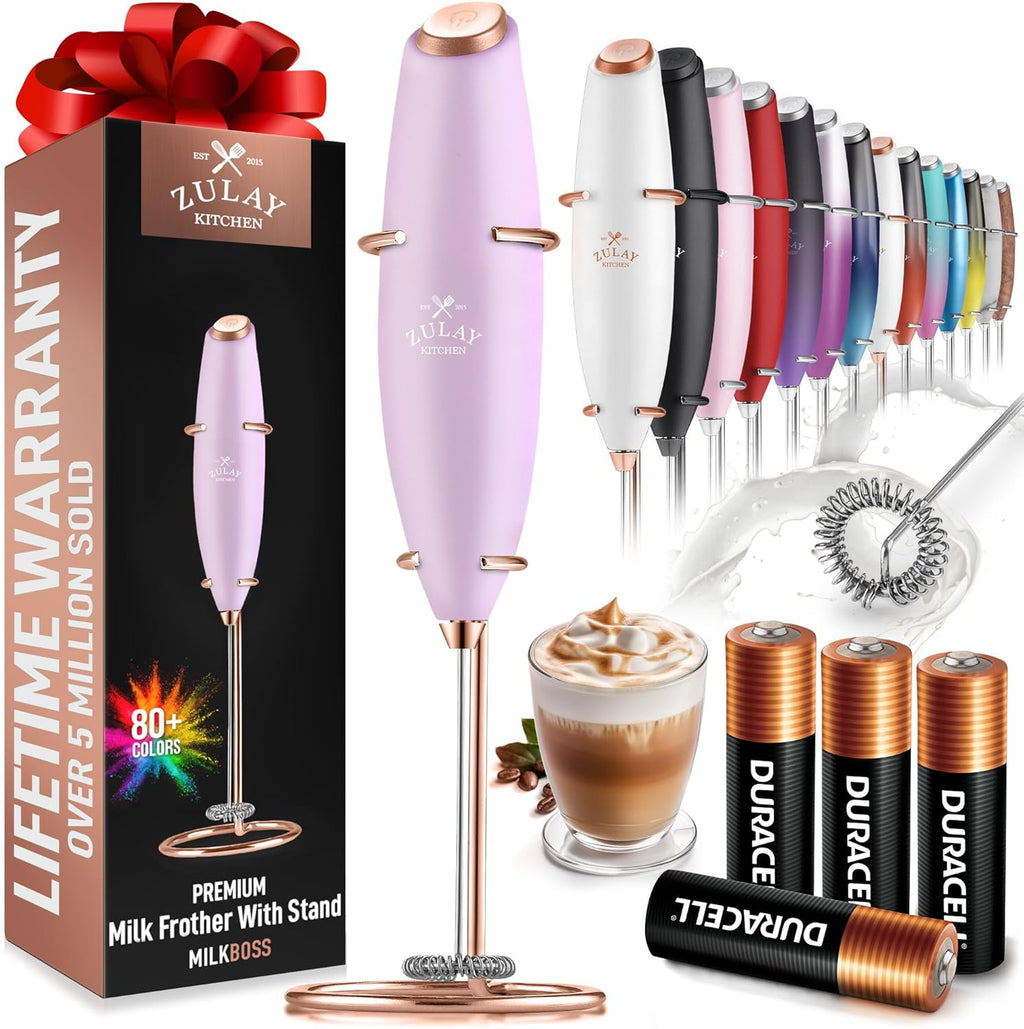 Zulay Kitchen Milk Frother Wand - Ultra-Fast Electric Whisk for Coffee & Lattes - Lilac & Rose Gold