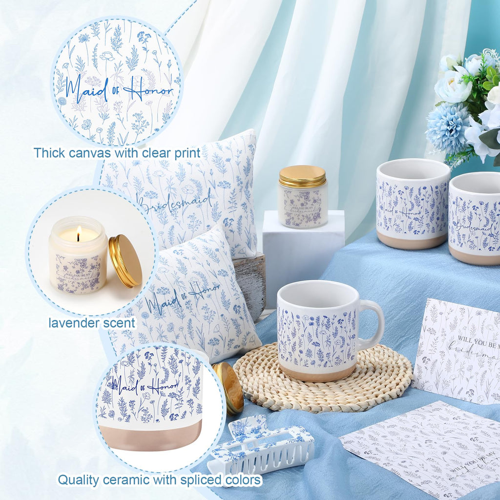 Nuanchu 25 Pcs Wedding Bridesmaid Proposal Gifts Maid of Honor Something Proposal Gift Ceramic Cup Bridesmaid Makeup Bag Invited Card Hair Claw Clip Lavender Scented Candle for Bridal Party(Blue)