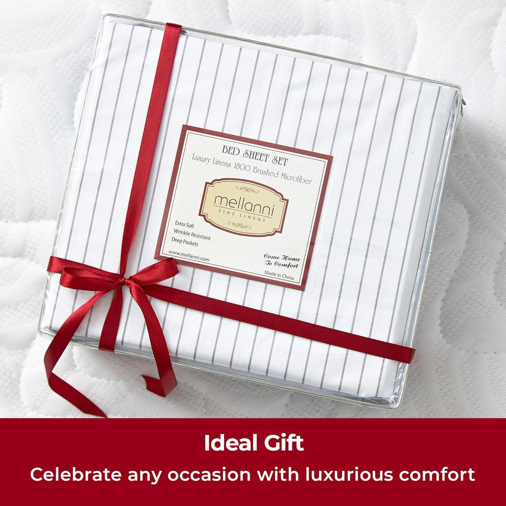 Mellanni Full Sheets Set - 4 PC Iconic Collection | Hotel Luxury, Extra Soft, Cooling Bed Sheets - Wrinkle, Fade, Stain Resistant (Full, Pinstripe Gray)