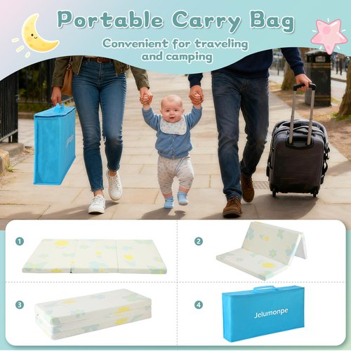 Jelumonpe Pack and Play Mattress 38"x26"x1.5",Trifold Portable Pack n Play Mattresses with Carry Bag，Waterproof Playpen Crib Mattress with Soft Breathable and Washable Cover for Baby Toddler/Flower