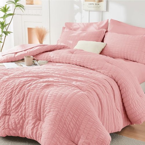 HYMOKEGE Twin Comforter Set - Rose Pink Seersucker 5-Piece Luxury Bedding Set | All-Season Comforter, Sheets & Pillowcase