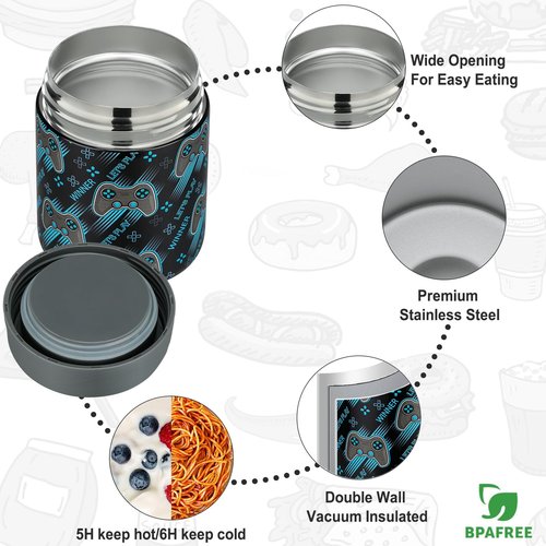 Itslife Bento Lunch Box Set for Kids with 12oz Soup Thermo&Lunch Bag, Leak-Proof Lunch Food Containers for Kids School, 5 Compartment, Sauce Cup, 10 Notes (Gaming Black)