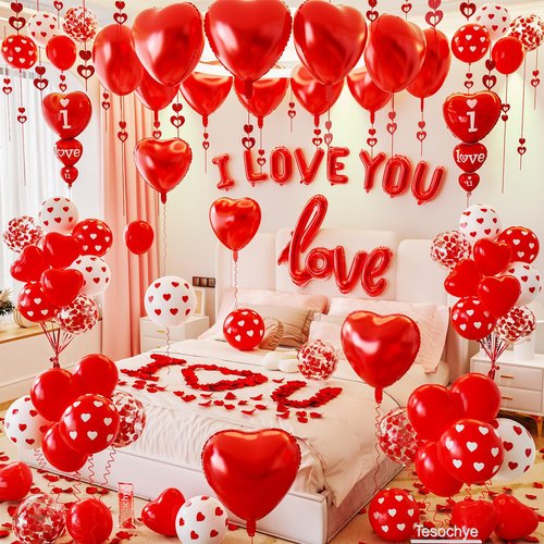 1126PCS Red Valentines Day Decorations Set, Red Heart Balloons and Love Foil Balloon,I LOVE YOU Banner,1000 Fake Rose Petals,Heart Balloon Hanging Pendant for Wedding Decor Anniversary Decorations