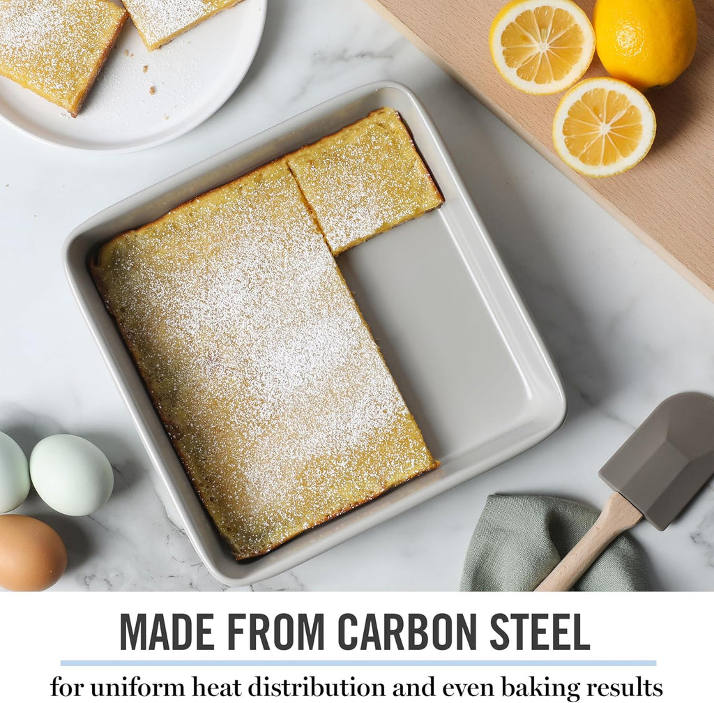 Martha Stewart Gallen 9-Inch Square Nonstick Cake Pan - Durable Carbon Steel for Even Baking, Cool Grey