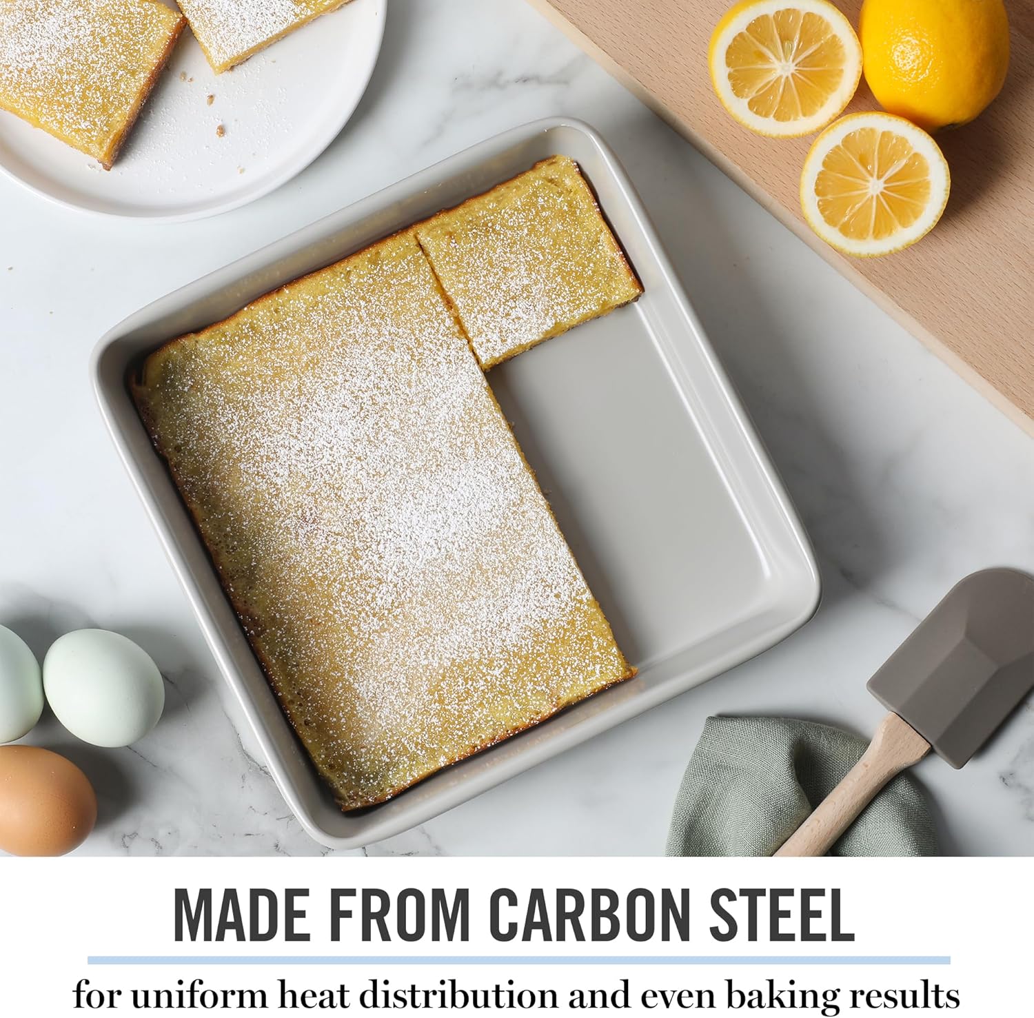 Martha Stewart Gallen 9-Inch Square Nonstick Cake Pan - Durable Carbon Steel for Even Baking, Cool Grey