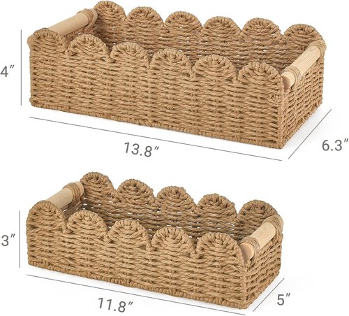 Dahey Toilet Paper Storage Basket - Woven Paper Rope Design with Scalloped Edge | 2 Pcs for Bathroom & Home Decor
