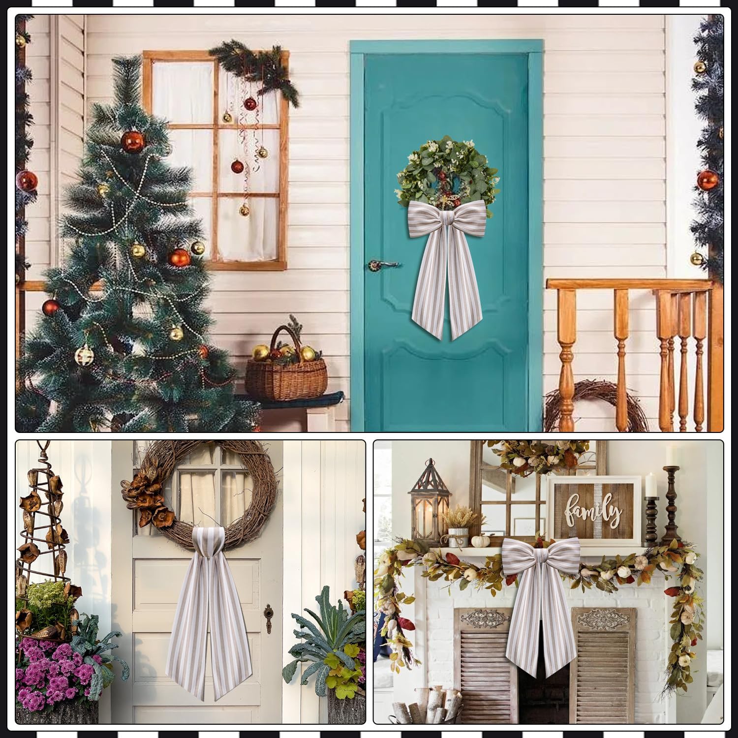 Skiennix Wreath Sash - Stylish Boxwood Garland Decor for Front Door | 2-Pack in Beige and White Stripe