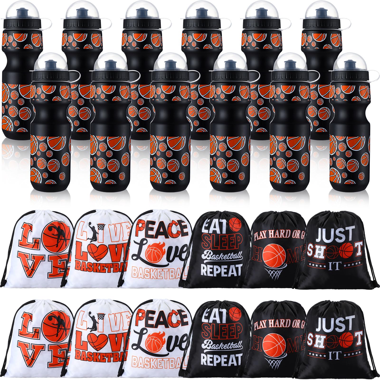 Hosuly 24 Pcs 24 oz Basketball Water Bottle Bulk and Drawstring Bag Set 12 Reusable Plastic Biking Water Bottle Tumbler 12 Sport Gym Goodie Gift Bag for Party Favor (Orange, Black)