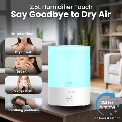 Everlasting Comfort 2.5L Top Fill Humidifier - Quiet Ultrasonic Cool Mist, 24HR Runtime, Night Light & Timer - White