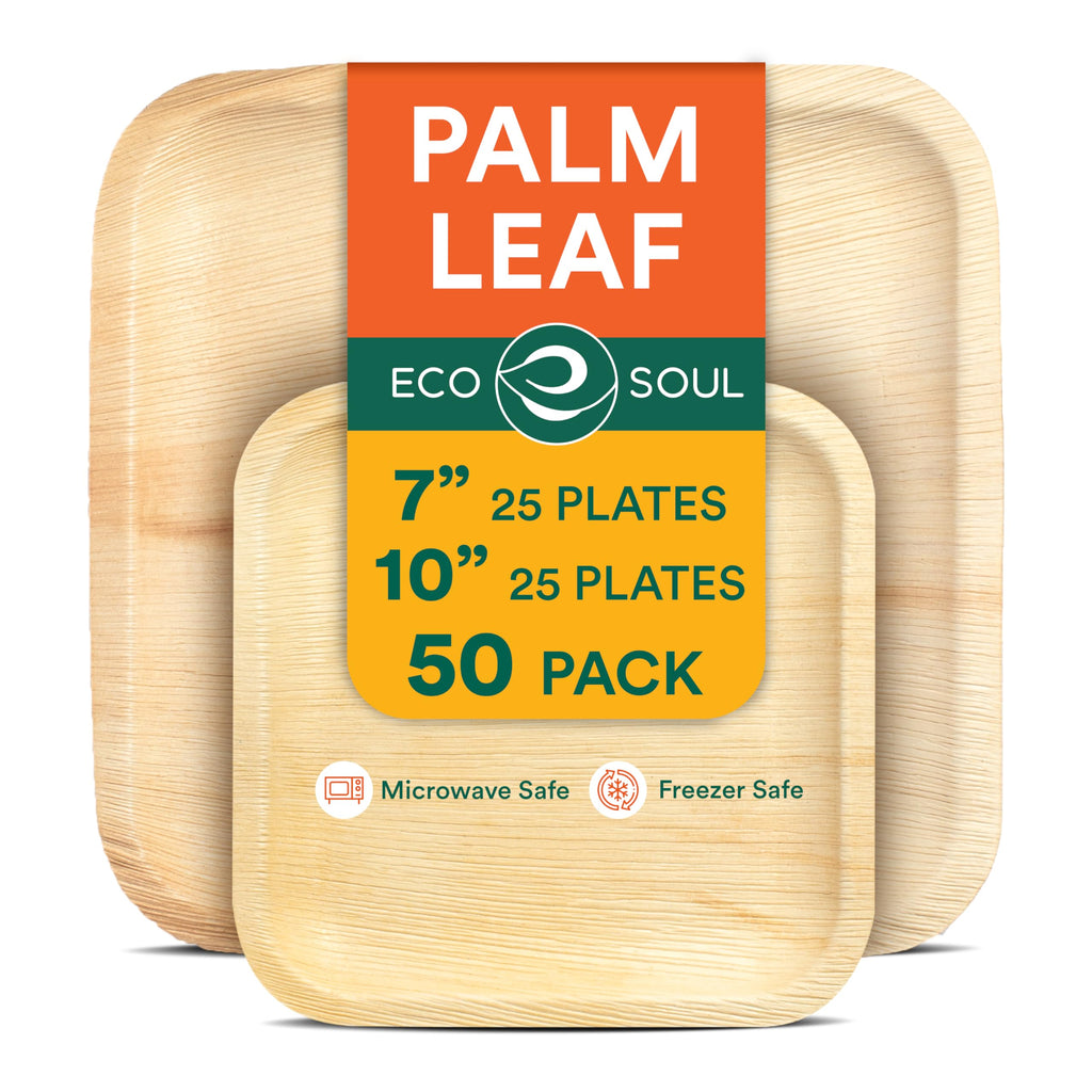 ECO SOUL Palm Leaf Like Bamboo Plates, 7 & 10 Inch Square, 100 Pack Bulk Disposable Dinnerware Combo, Compostable Biodegradable Natural Wooden Tableware, Party Pack for Catering, Wedding, Events