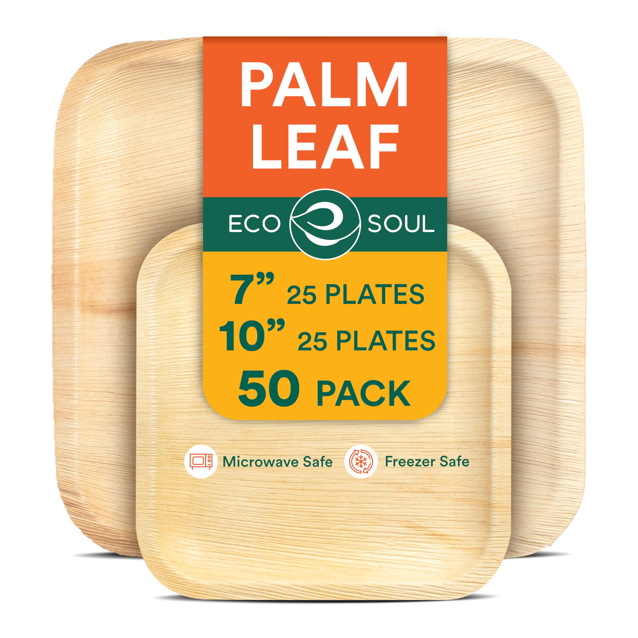 ECO SOUL Palm Leaf Like Bamboo Plates, 7 & 10 Inch Square, 100 Pack Bulk Disposable Dinnerware Combo, Compostable Biodegradable Natural Wooden Tableware, Party Pack for Catering, Wedding, Events