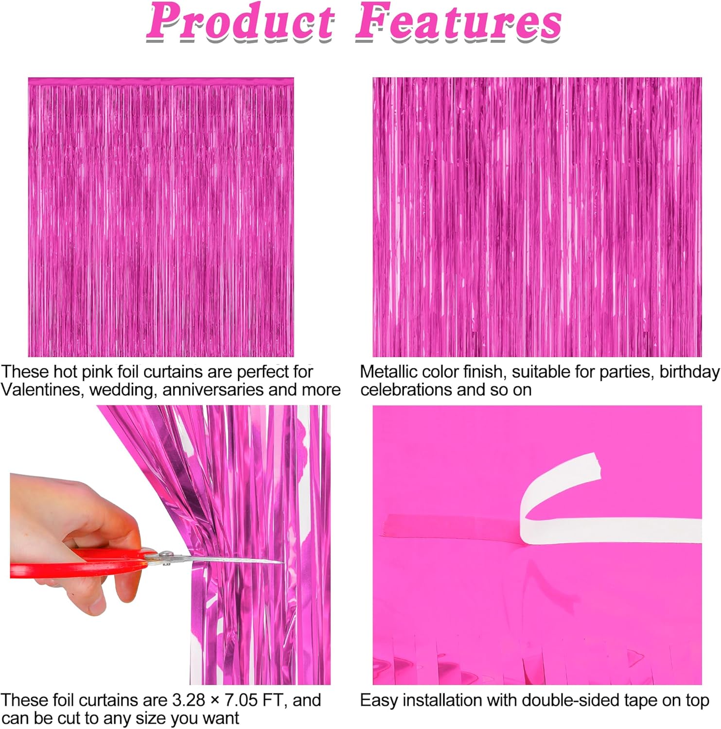 Skiennix Hot Pink Party Decorations - 3.28 FT x 7.05 FT Metallic Rose Red Backdrop & Tinsel Curtains