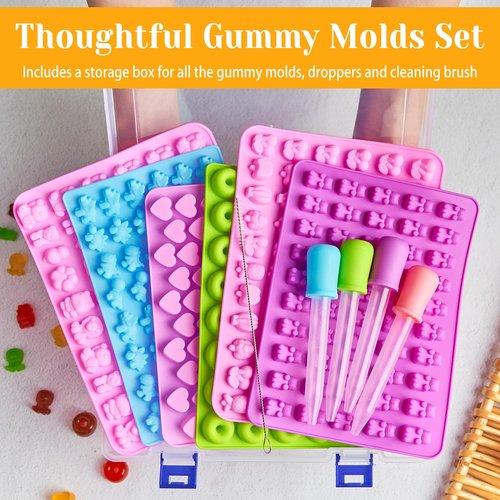 6 Pcs Mini Gummy Candy Molds Set, Silicone Bear Donut Dinosaur Fruit Snack Molds with 4 Droppers, Storage Box and Brush for Small Jello Candy Chocolate Gummy