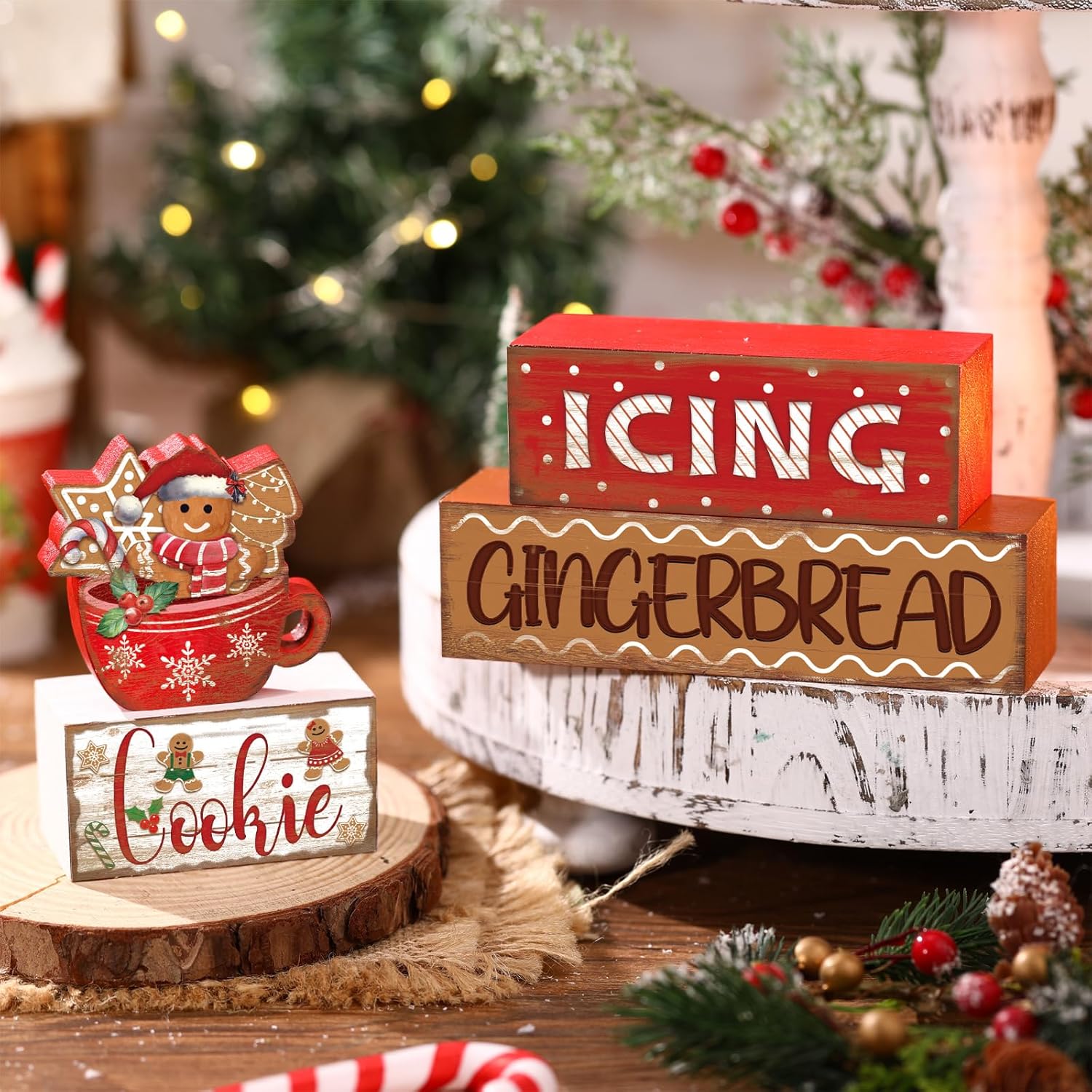 Moucuny Christmas Gingerbread Man Table Sign - 4 Pcs Wooden Decorative Set for Winter Decor