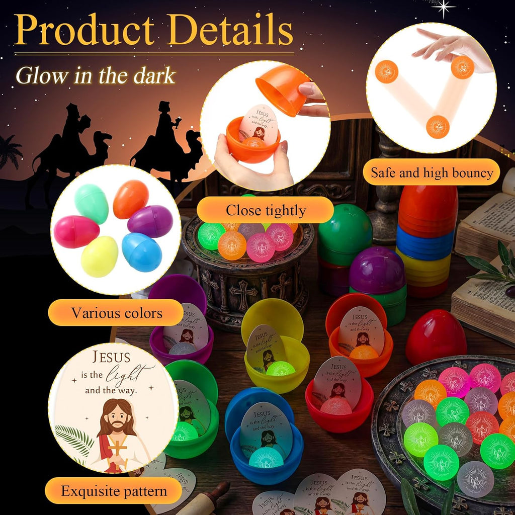 Wettarn 24-Piece Christian Easter Egg Set - Glow in The Dark Bouncy Balls & Cards for Easter Baskets
