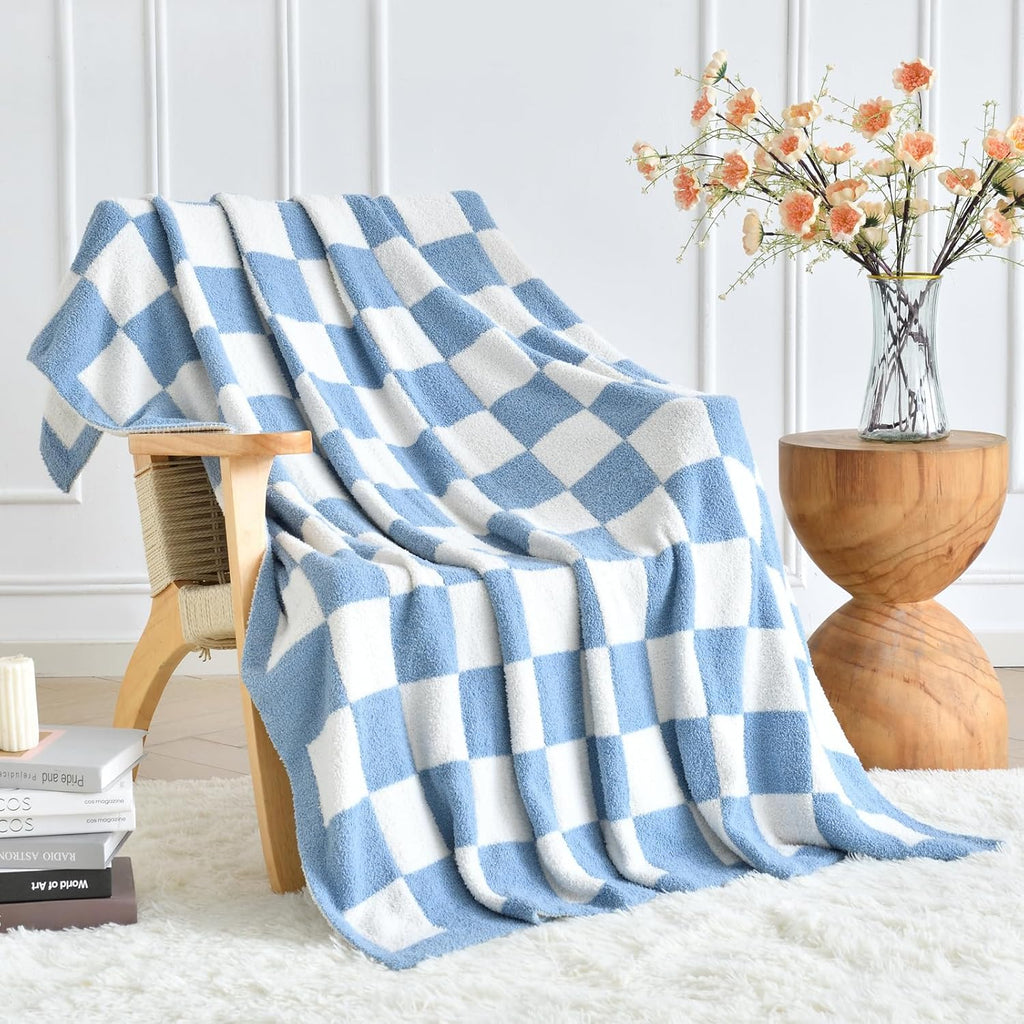 Skiennix Checkered Knitted Throw Blanket - Cozy Soft Plaid Design for Couch & Bed | 50"x60" Blue