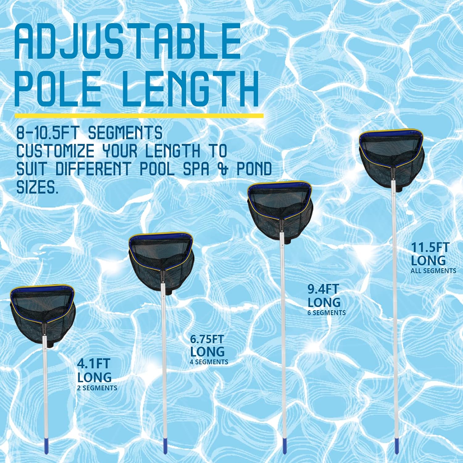 Poolvio Pool Deep Skimmer Net - Adjustable 3ft to 10ft Aluminum Pole & Fine Mesh Bag for All Pools