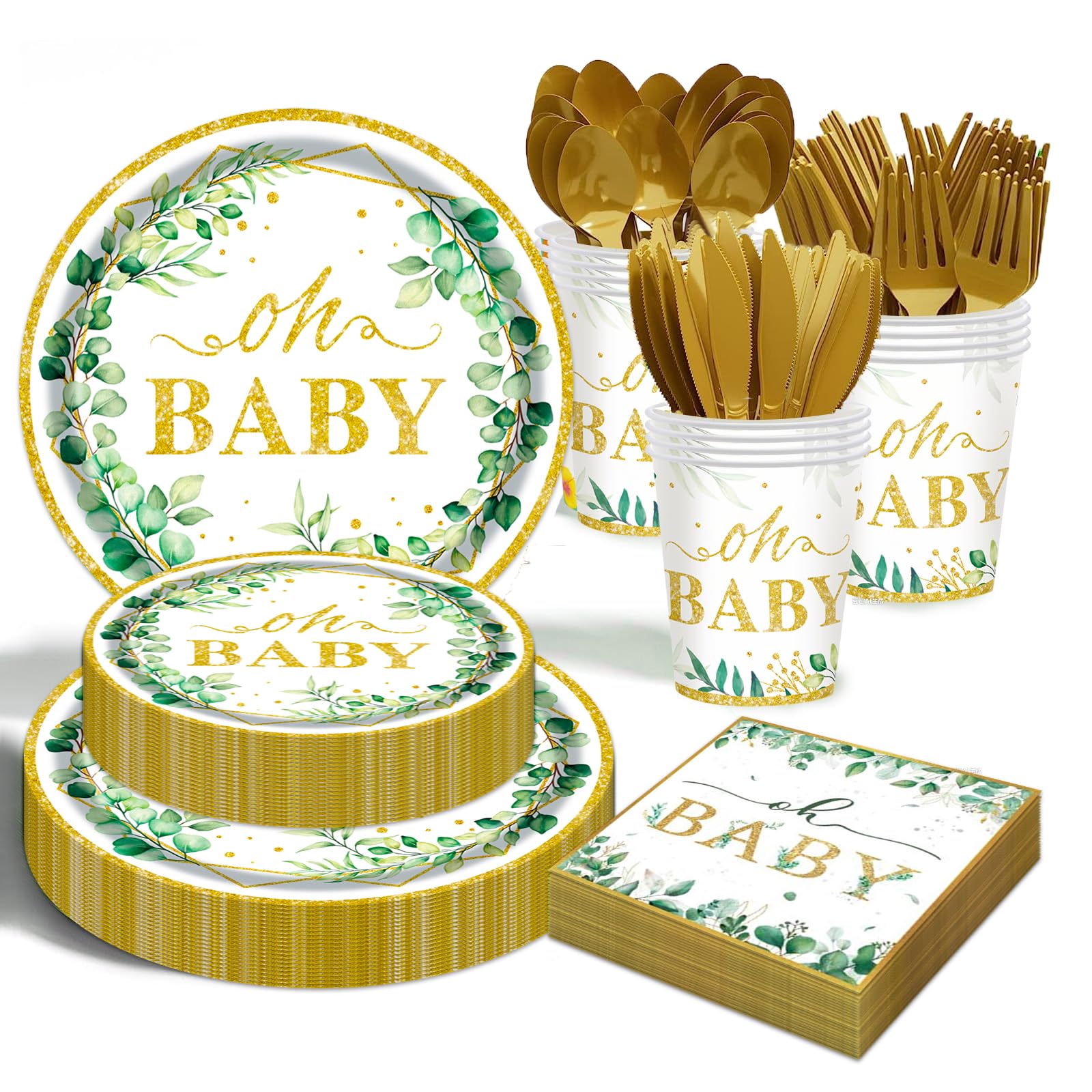 Sage Greenery Baby Shower Plates and Napkins Tableware Set - 175pcs Gender Neutral Baby Shower Decorations Oh Baby Party Supplies, Disposable Paper Plates Napkins for Baby Girl Boy Shower Decorations
