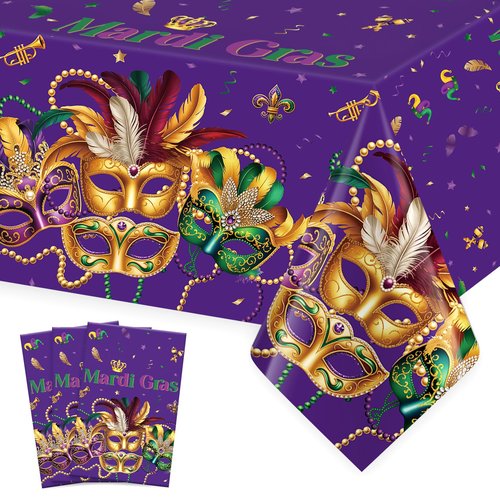 Mardi Gras Tablecloth, 3 PCS Mardi Gras Table Cloth Disposable, Plastic Purple Carnival Mask Decorative Masquerade Tables Cover Rectangular for Mardi Gras Party Decoration Supplies, 54 X 108 Inch