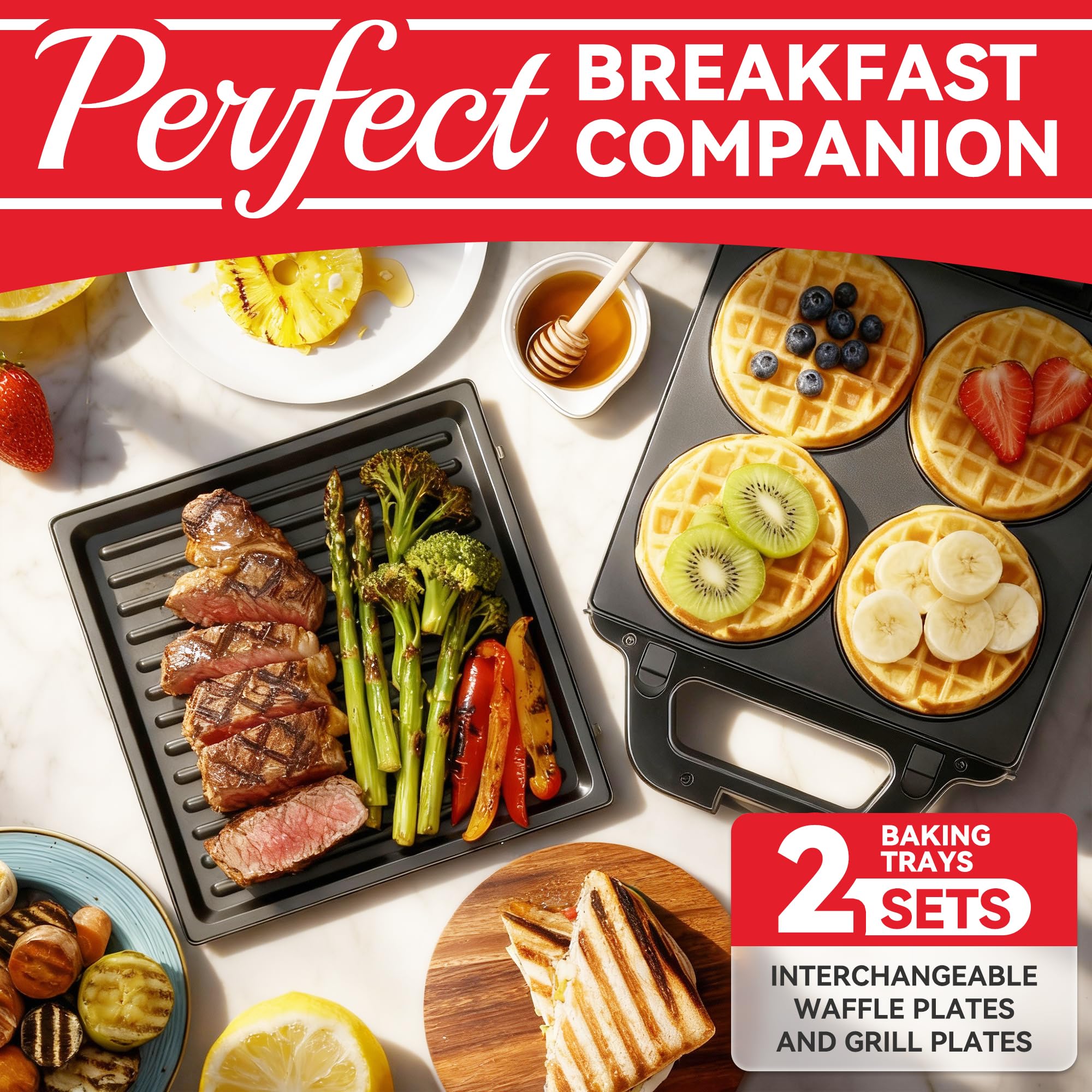 SugarWhisk 2 in 1 Mini Waffle Maker with Removable Plates, Panini Press Sandwich Maker, Sandwich Press, Waflera Electrica, Sandwichera Electrica, 4 X 4 Inch Classic Waffle Maker for Kids, Graphite