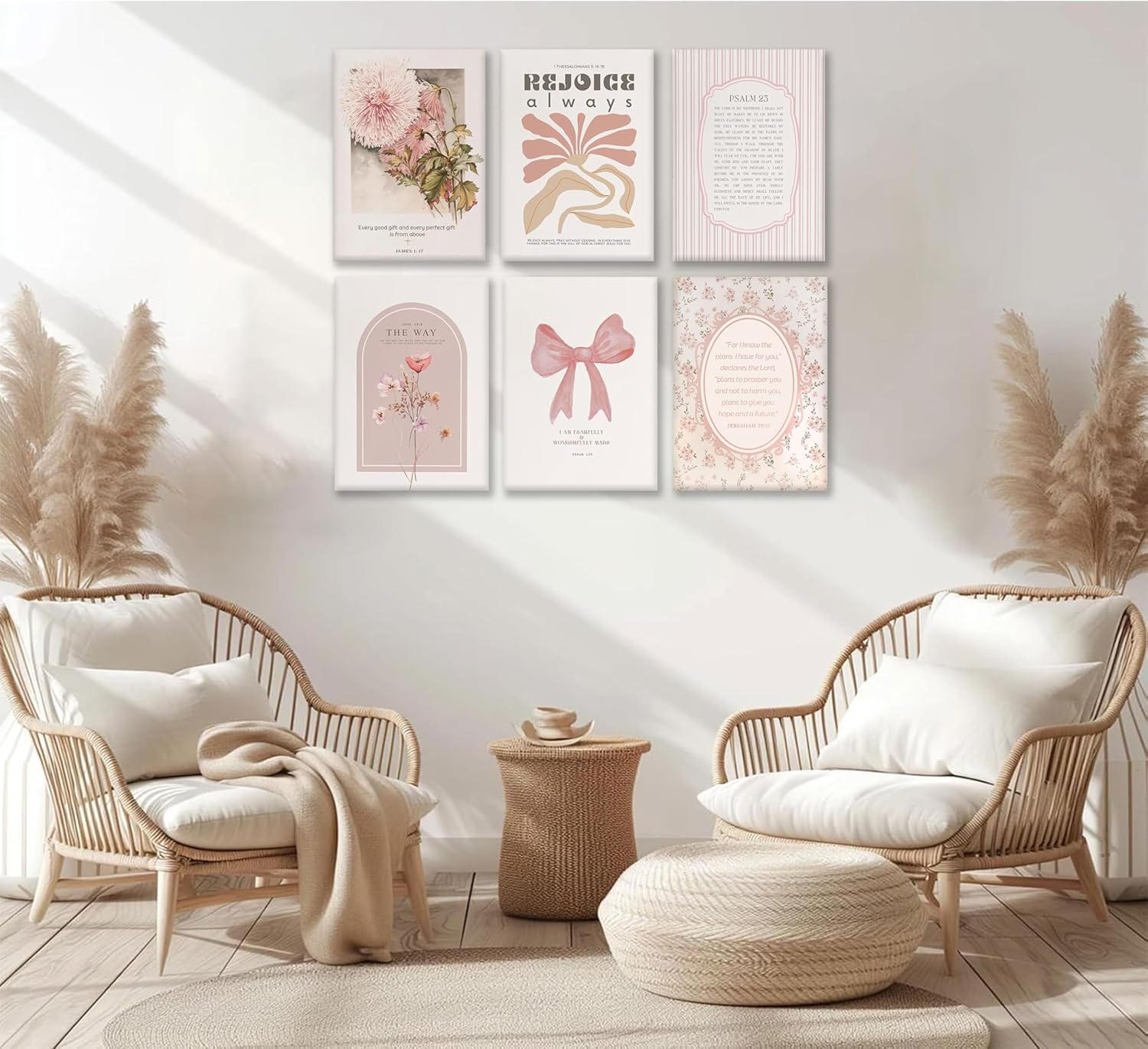 Skiennix 6-Piece Pink Christian Wall Art Set - Boho Floral Bible Verses Canvas Decor for Bedroom & Dorm