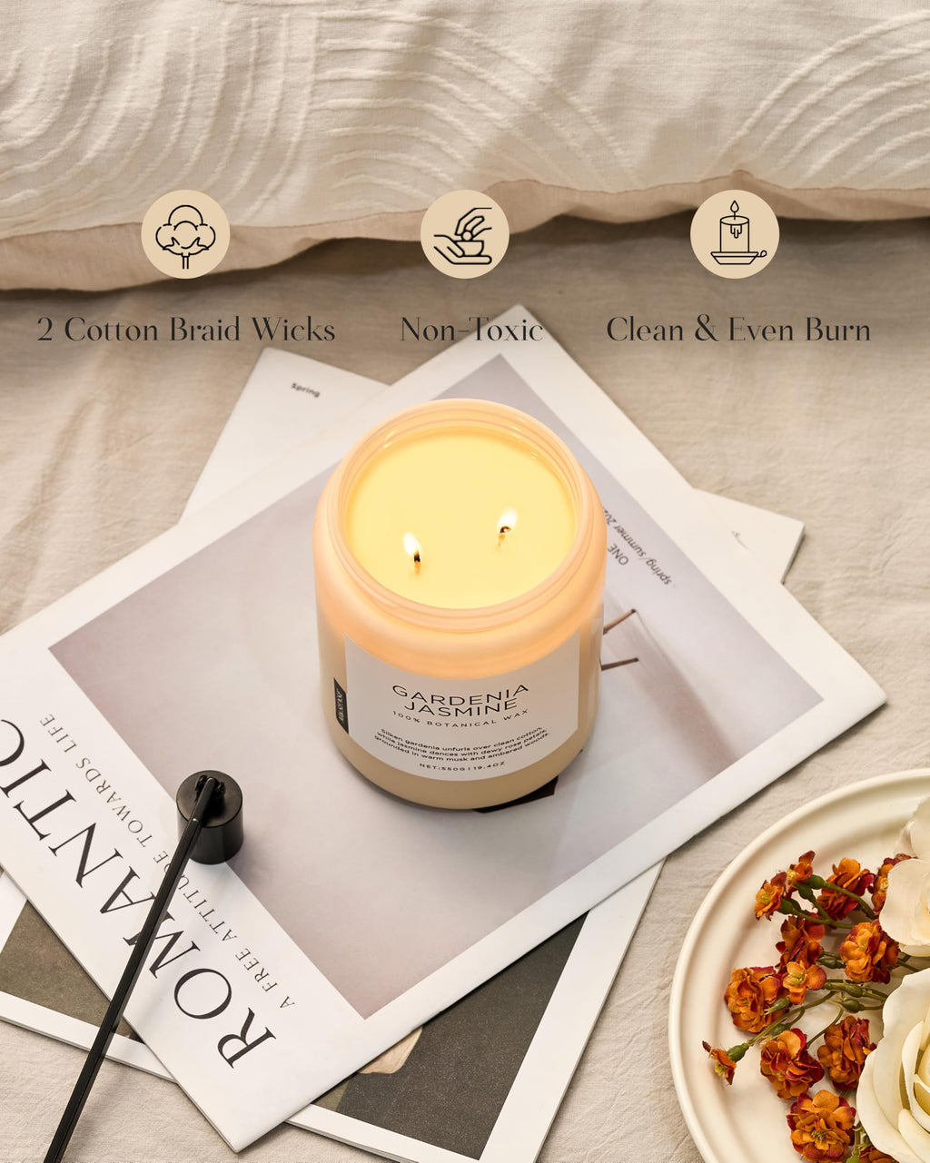 M&SENSE Gardenia Jasmine Scented Candle, 110 Hours Slow Burning Clean Non Toxic 19.4oz 2 Wicks Aromatherapy Candle for Housewarming Gifts, Long Lasting Fragrance for Bath & Office