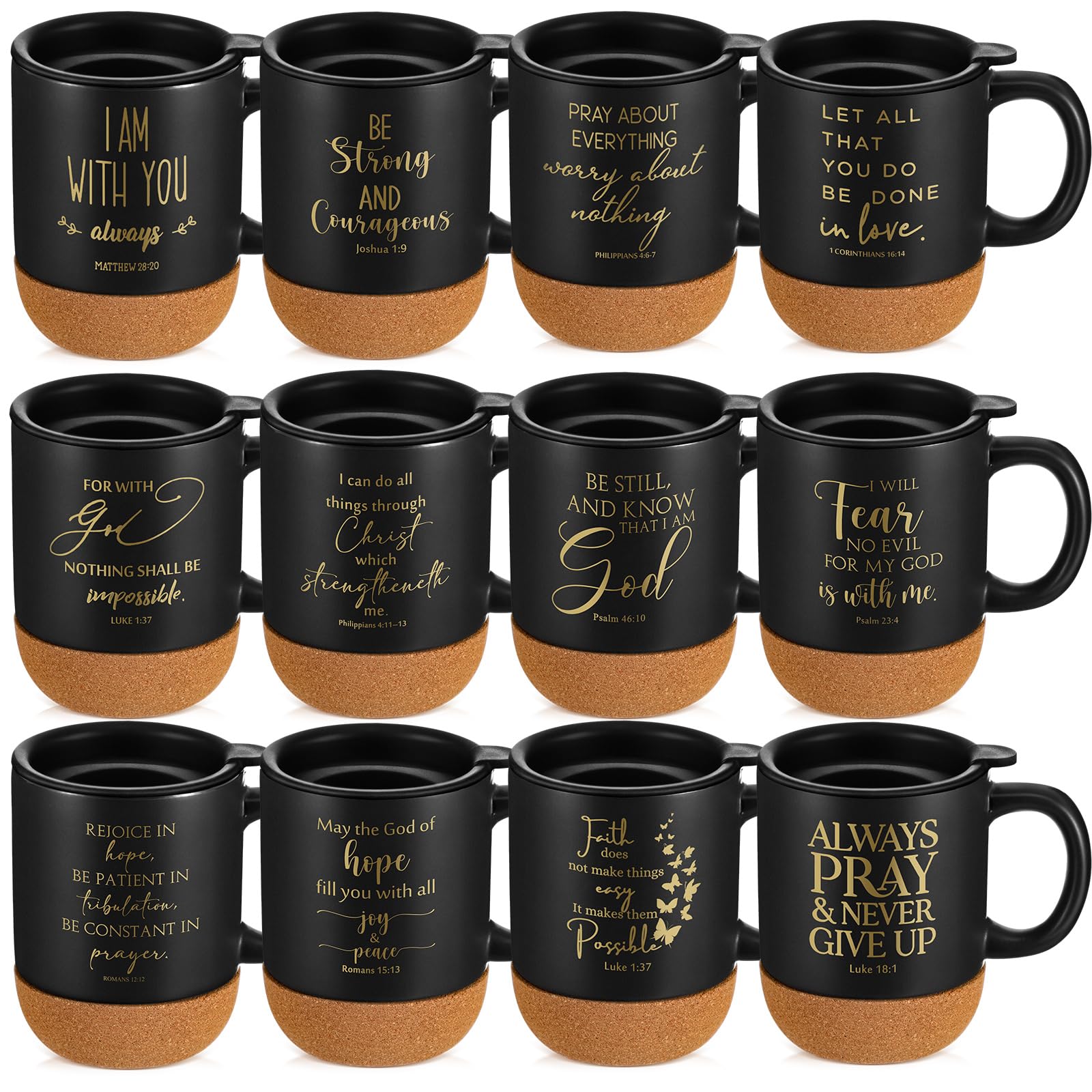 FillTouch 12 Pcs Christian Mothers Day Coffee Mugs 15 oz Religious Cup Cork Bottom Coffee Mug with Verse Inspirational Gifts for Women Men Father Teacher Church Bible Study(Black,Classics)