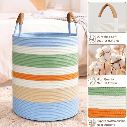 Degeyoyo 60L Striped Laundry Basket, Rainbow Laundry Hamper with Leather Handles, Woven Cotton Rope Storage Bin for Blankets, Nursery Hamper for Clothes, Toys In Bathroom, Livingroom, Bedroom