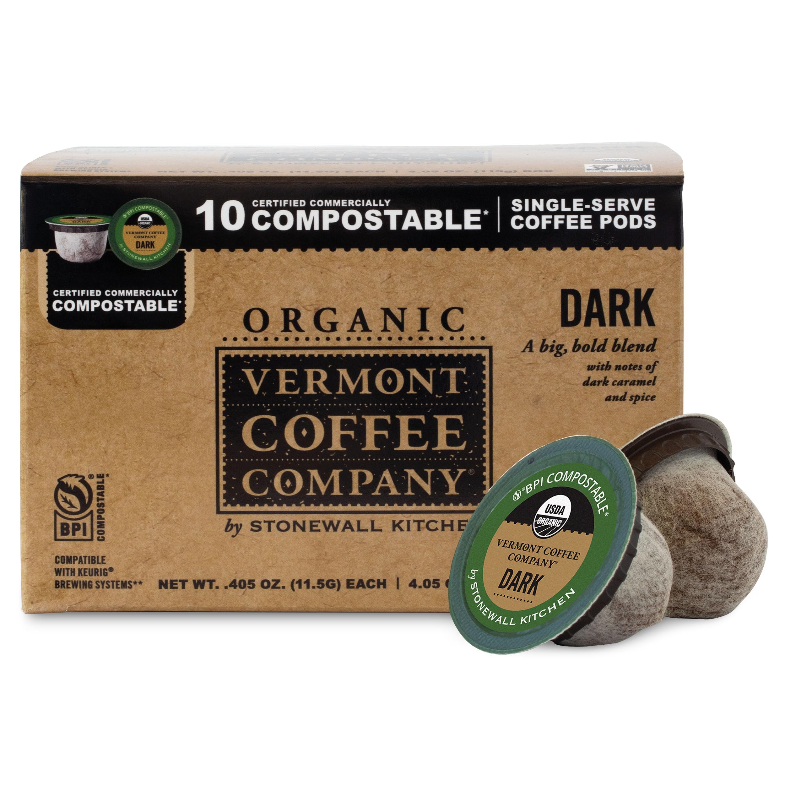 Vermont Coffee Company, Organic Dark Roast Coffee Pods, Single-Serve, Compostable Pods, 10CT, Made in the USA