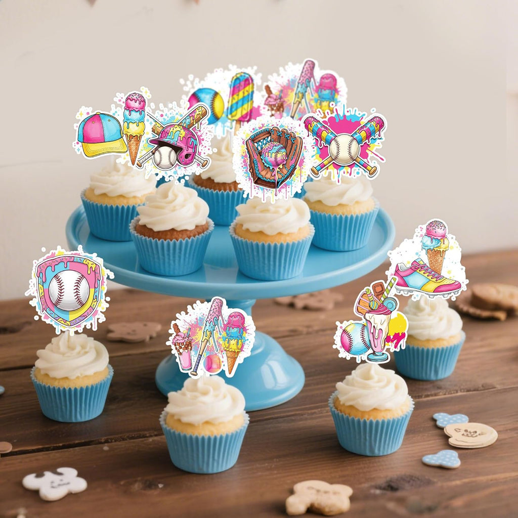 Regine Switzerland Ice Cream Drip Baseball Party Decorations - 36 Pcs Cupcake Toppers for Kids' Birthdays