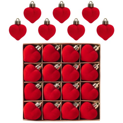 Valery Madelyn 1.57 Inches Small Red Christmas Heart Ornaments Set for Valentines Day Tree Decorations, 16ct Velvet Red Shatterproof Christmas Valentines Hanging Ball Decor