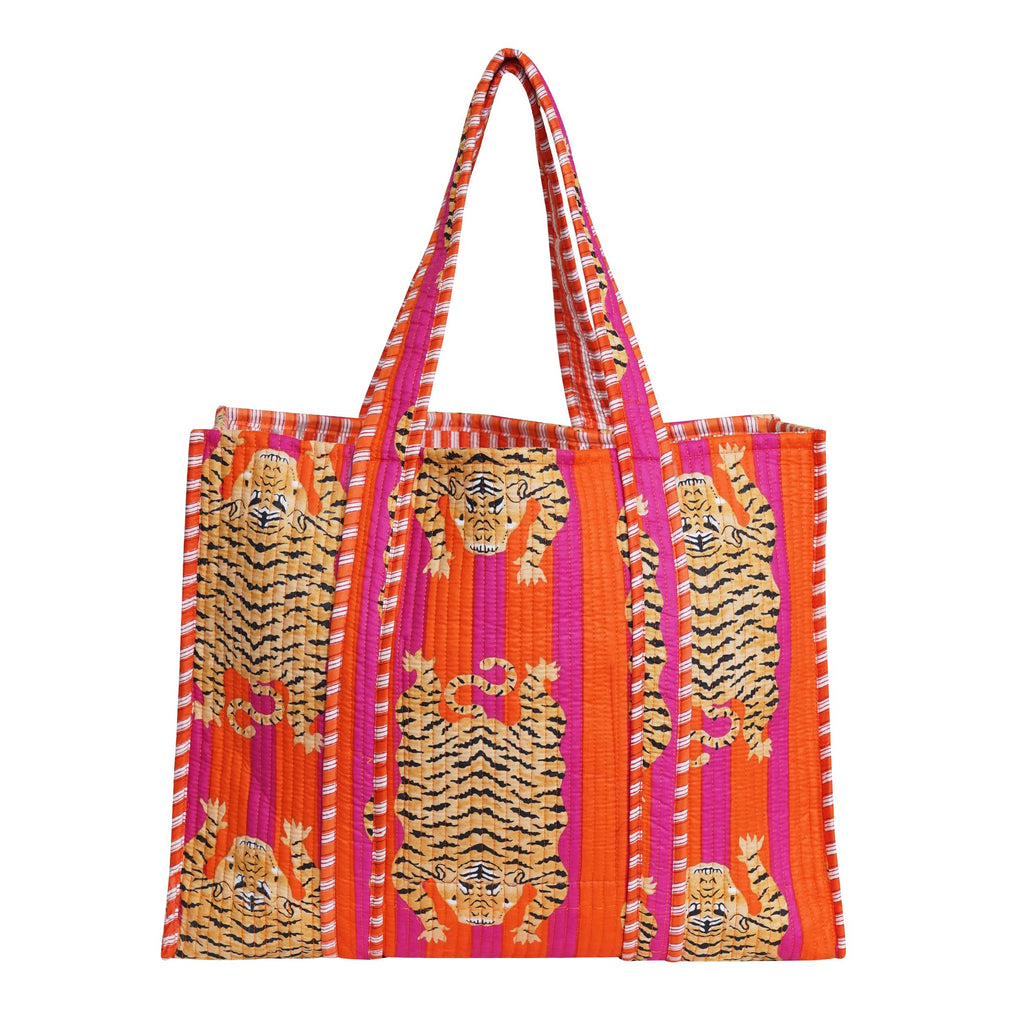 LKGSM RUGS Cotton Tiger Block Print Tote Bag, Handmade Indian Shopping Shoulder Bag, Unisex Market Daily Use