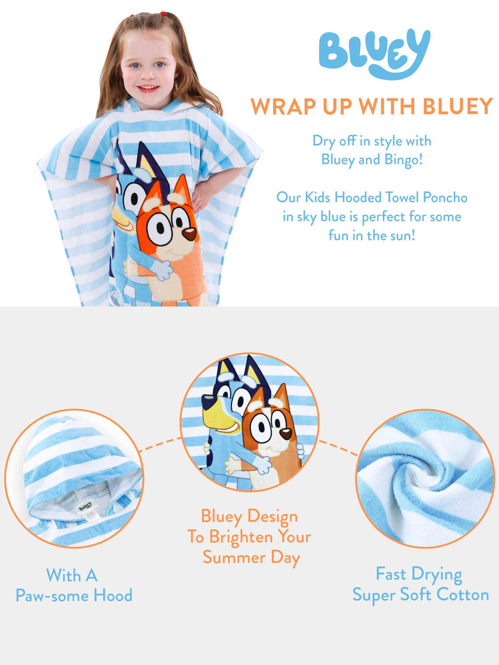 Bluey Towel for Boys or Girls | Hooded Towel Poncho for Kids | Swim Pool and Beach Towels