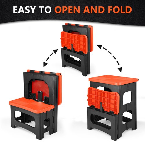 Folding 2-Step Stool, Non-Slip Portable Footstool 8" & 17" Dual Heights, Holds 250 lbs, Portable Footstool for Kitchen Home Toilet Bedroom Office Bathroom RV(Orange)