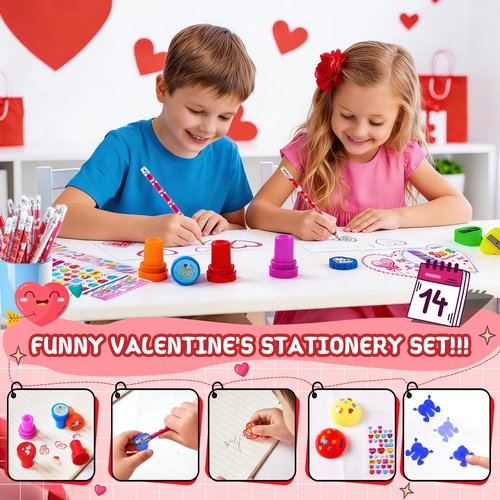 JOYLOKY 240pcs Stationery Set Valentines Day Gifts for Kids Classroom Exchange with Giant Lollipop, 24 Pack Valentines Day Cards for Kids School Party Favors Prizes Goodie Bag Stuffers