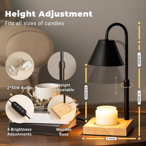 GODONLIF Dimmable Candle Warmer Lamp - Adjustable Height & Timer | Wooden Base, Includes 2 Bulbs