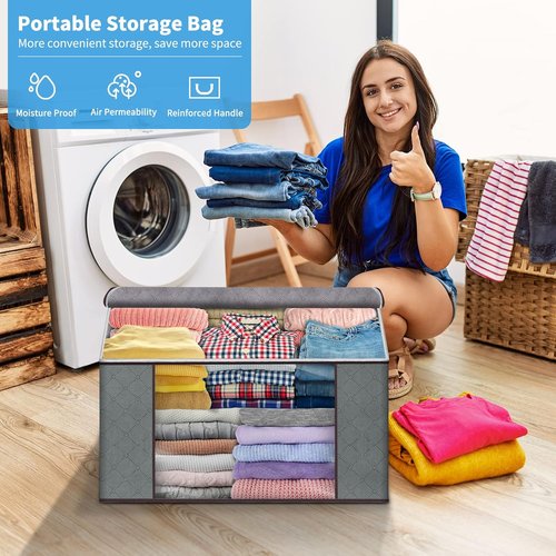Budding Joy | Foldable Large Blanket Storage Bags - 60L Capacity, Enhanced Handles, 6-Pack Gray