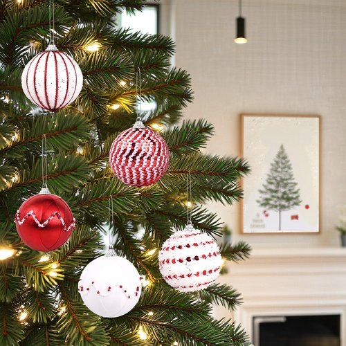 TranquilBliss Christmas Ball Ornaments, 3.14’’ 15 PCS Christmas Tree Decorations, Pre-Strung Hanging Balls Decorations for Xmas Tree, Wreath, Garlands, Holiday Party Home Decor (Red and White)