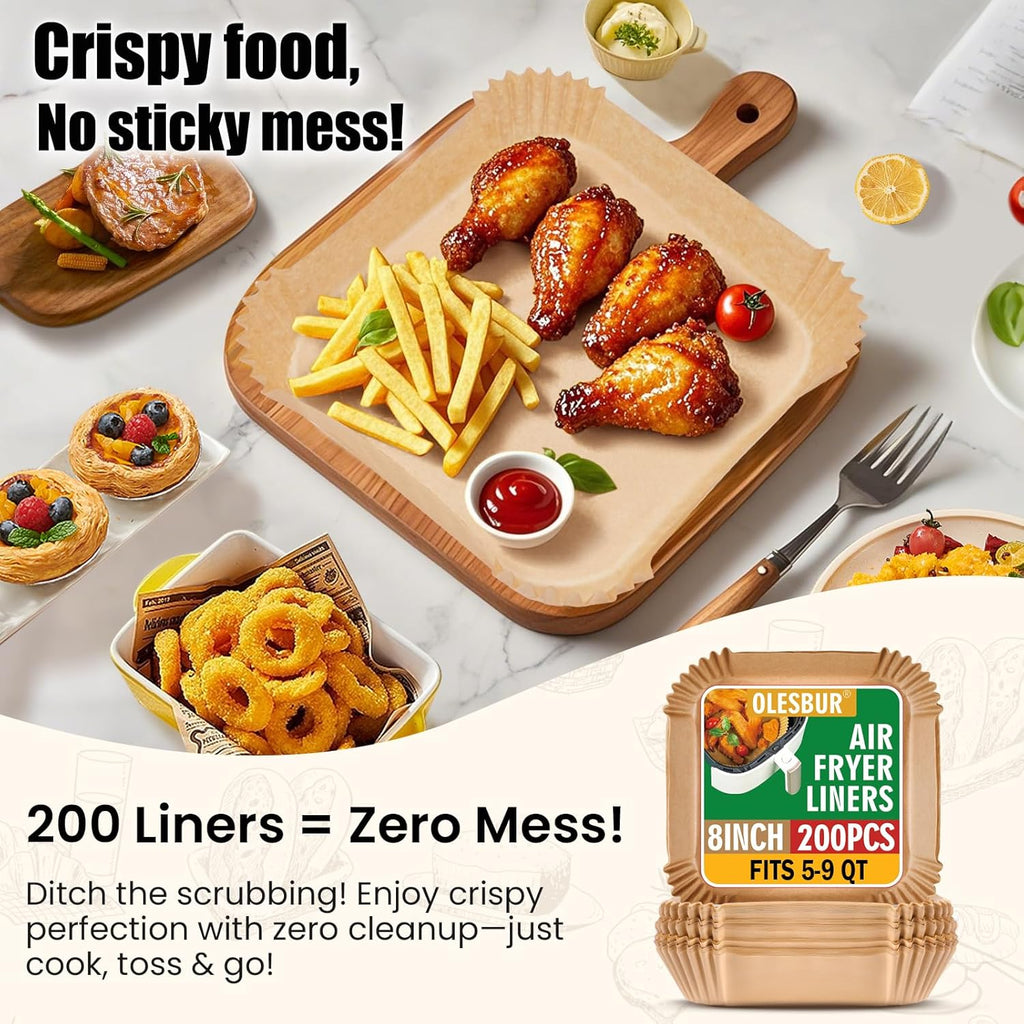 OLESBUR Air Fryer Liners - 200 Pcs 8 Inch Unbleached Parchment Paper | Non-Stick Baking Accessories