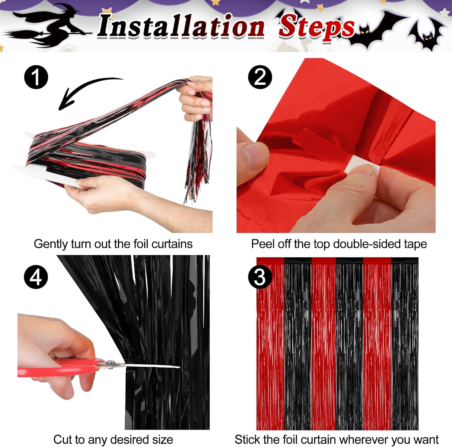 Regine Switzerland Halloween Wall Backdrop - 4 Pack Red & Black Metallic Tinsel Curtains | 3.28 FT x 7.05 FT